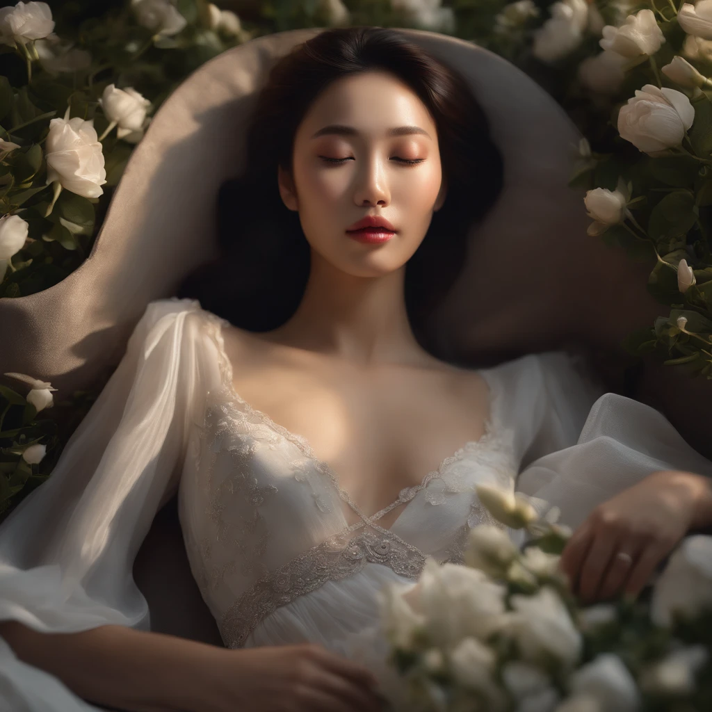 (best quality,4k,8k,highres,masterpiece:1.2),ultra-detailed,(realistic,photorealistic,photo-realistic:1.37),portrait,landscape,color palette,soft lighting,beautiful Chinese woman,lying down,body,flowers,serene,peaceful,gasping lifeless,women in luting,coffin,emotional,stillness,contrast,delicate,graceful,subtle shadows,detailed eyes,detailed lips,dreamlike atmosphere