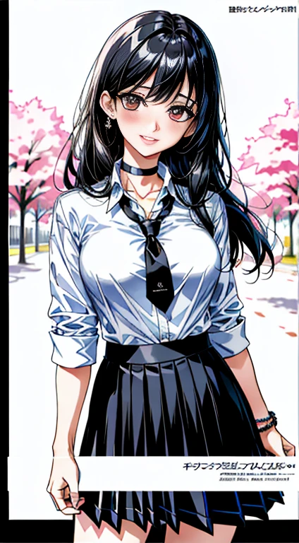 masterpiece, best quality, full body, 1girl, bangs, black choker, black necktie, black hair, blue skirt, blush, bracelet, breasts, choker, clothes around waist, collarbone, collared shirt, cowboy shot, dress shirt, ear piercing, eyebrows visible through hair, gradient hair, grin, gyaru, jewelry, kogal, long hair, looking at viewer, loose necktie, necktie, piercing, plaid, plaid skirt, pleated skirt, red eyes, ring, , shirt, skirt, smile, solo, white shirt, street, sky, cherry blossoms, petals,illustration, (magazine:1.3), (cover-style:1.3), fashionable, woman, vibrant, outfit, posing, front, colorful, dynamic, background, elements, confident, expression, holding, statement, accessory, majestic, coiled, around, touch, scene, text, cover, bold, attention-grabbing, title, stylish, font, catchy, headline, larger, striking, modern, trendy, focus, fashion,