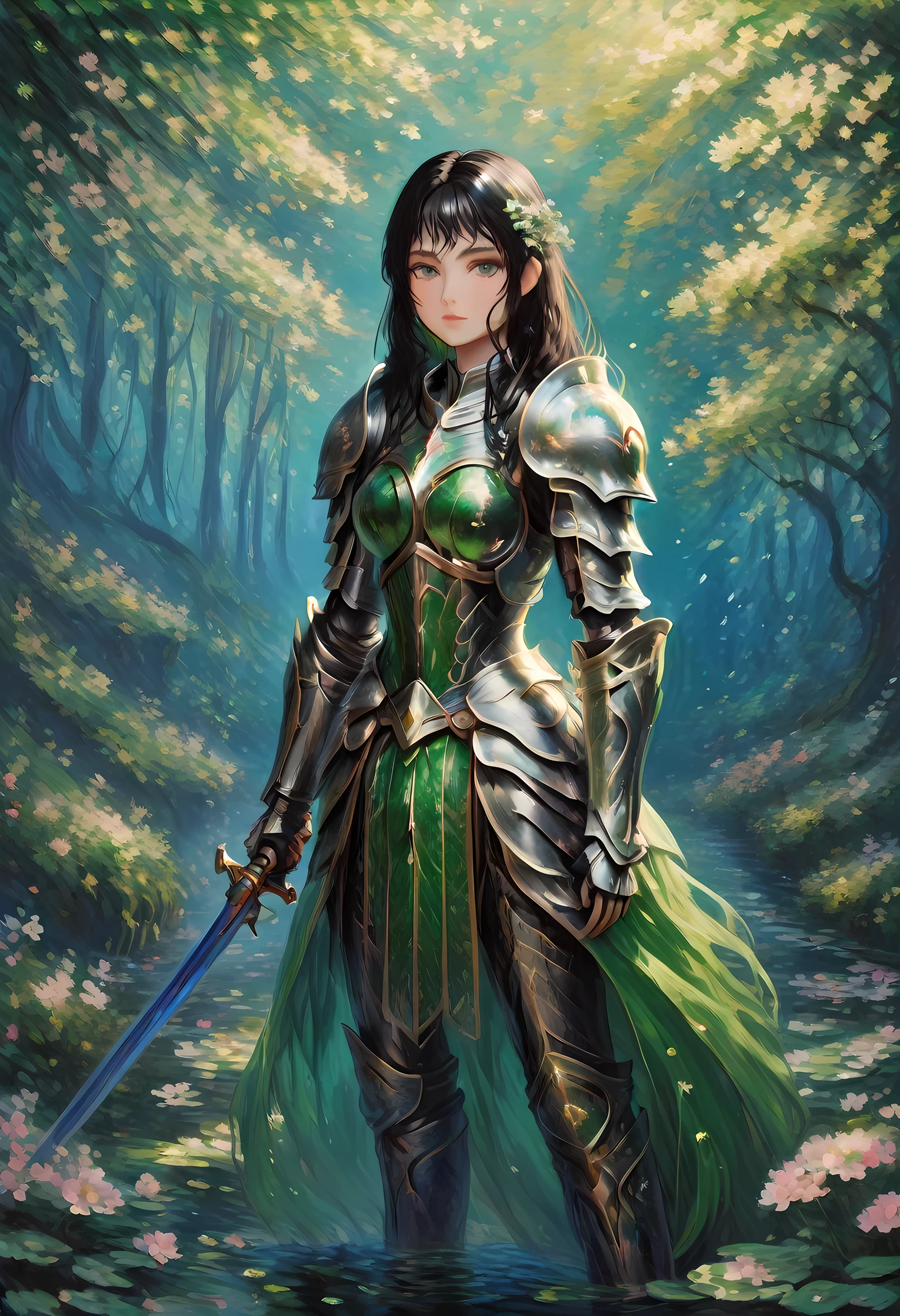 (Claude Monet Style:1.5) Claude_Monet style painting, a picture of woman paladin of nature protecting the forest, a woman knight, black hair, long hair, full body (best details, Masterpiece, best quality :1.5), ultra detailed face (best details, Masterpiece, best quality :1.5), ultra feminine (best details, Masterpiece, best quality :1.5), black hair, long hair, braided hair, pale skin, (deep blue: 1.2) eyes, intense eyes, wearying heavy armor, white armor (best details, Masterpiece, best quality :1.5), green cloak, armed with a sword, glowing sword GlowingRunes_green, fantasy forest background, D&D art, RPG art, magical atmosphere magic-fantasy-forest, ultra best realistic, best details, best quality, 16k, [ultra detailed], masterpiece, best quality, (extremely detailed), ultra wide shot, photorealism, depth of field, hyper realistic painting, cybrk, RagingNebula
