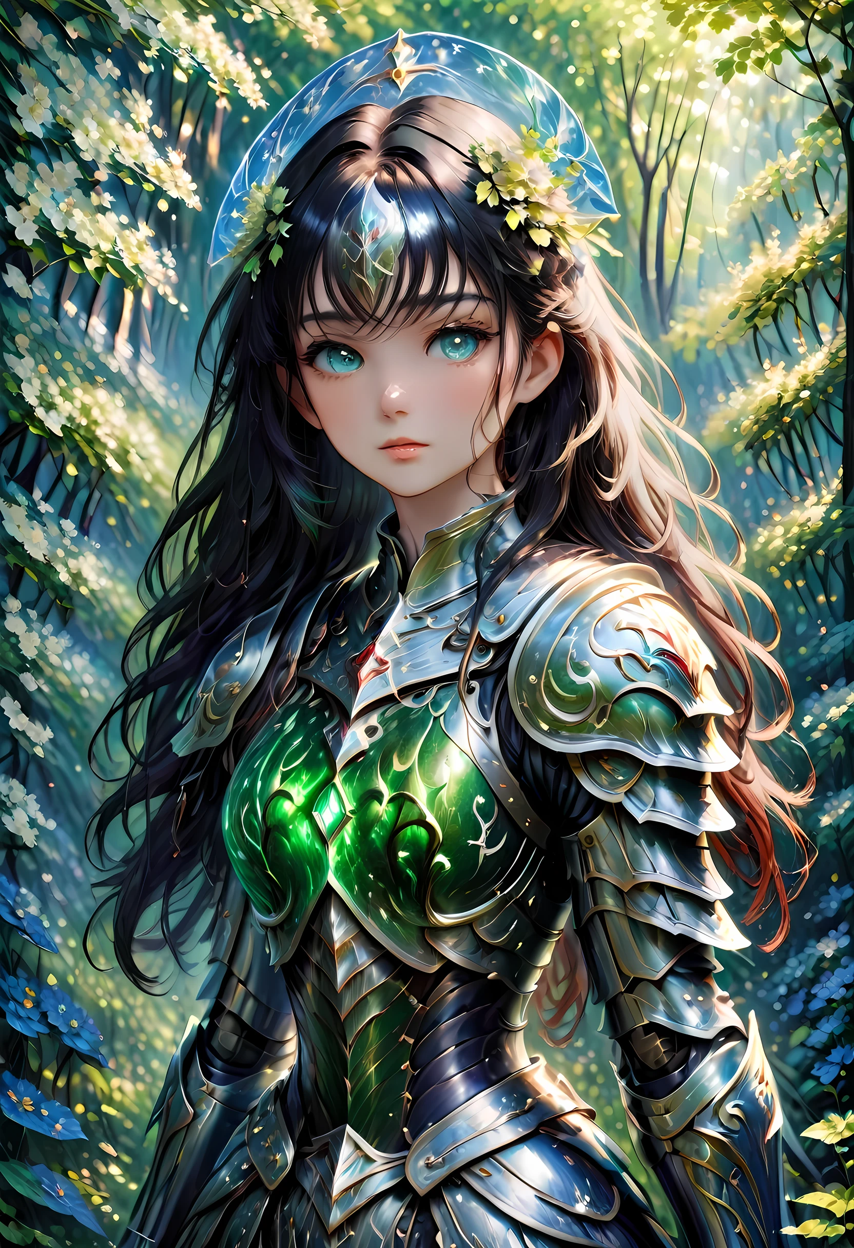 (Claude Monet Style:1.5) modisn disney, Claude_Monet style painting, a picture of woman paladin of nature protecting the forest, a woman knight, black hair, long hair, full body (best details, Masterpiece, best quality :1.5), ultra detailed face (best details, Masterpiece, best quality :1.5), ultra feminine (best details, Masterpiece, best quality :1.5), black hair, long hair, braided hair, pale skin, (deep blue: 1.2) eyes, intense eyes, wearying heavy armor, white armor (best details, Masterpiece, best quality :1.5), green cloak, armed with a sword, glowing sword GlowingRunes_green, fantasy forest background, D&D art, RPG art, magical atmosphere magic-fantasy-forest, ultra best realistic, best details, best quality, 16k, [ultra detailed], masterpiece, best quality, (extremely detailed), ultra wide shot, photorealism, depth of field, hyper realistic painting, cybrk, RagingNebula
