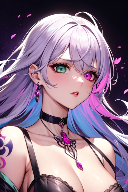 best quality, super fine, 16k, incredibly absurdres, extremely detailed, delicate and dynamic, cool and beautiful pretty woman, silver messy hair, (heterochromia, emerald green eye, purple eye), face is painted in hot pink like wiring diagram, brightly colored tattoos on the neck, necklaces, chokers, earrings and accessories, glossy red lips, portrait, background pastel colors, floating hearts