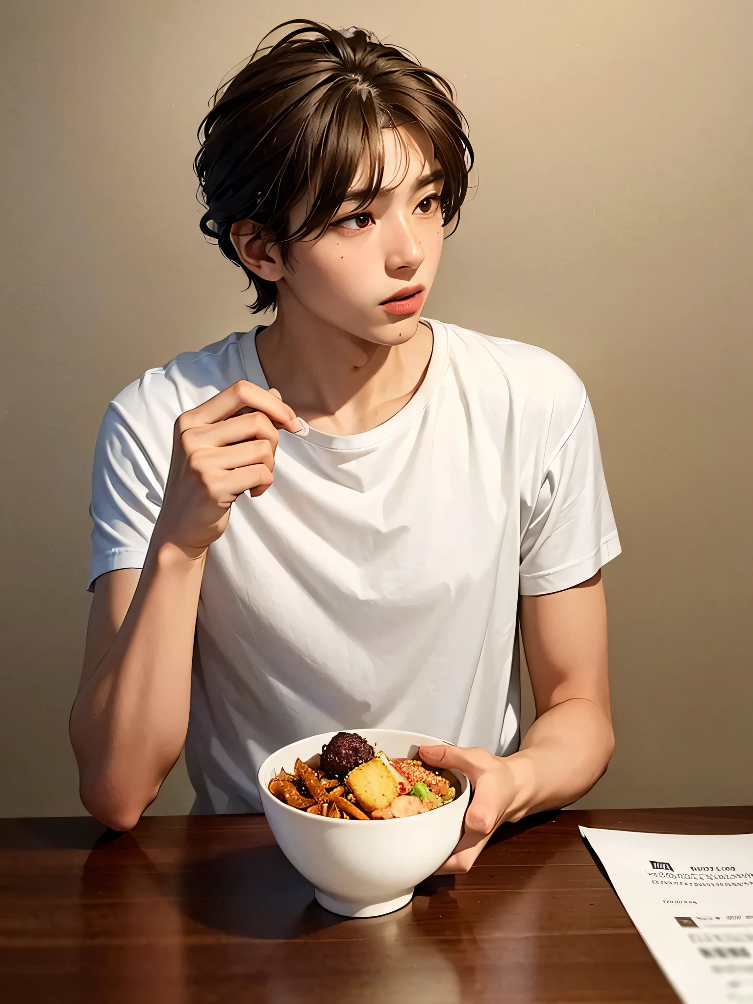 1boy,guy,Eating at the dinner table,Looking away, a shy expression,at night,brown eyes,18 years old,Curly hair,medium hair,undercut hairstyle,light brown hair,Plain t-shirt, white t-shirt,white trousers,ultra detail, perfect face, hd face, detailed face, masterpiece