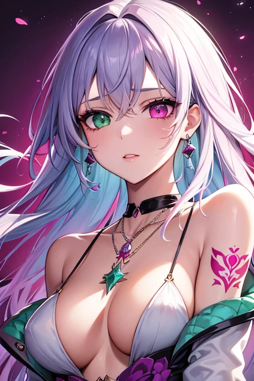 best quality, super fine, 16k, incredibly absurdres, extremely detailed, delicate and dynamic, cool and beautiful pretty woman, silver messy hair, (heterochromia, emerald green eye, purple eye), face is painted in hot pink like wiring diagram, brightly colored tattoos on the neck, necklaces, chokers, earrings and accessories, glossy red lips, portrait, background pastel colors, floating hearts