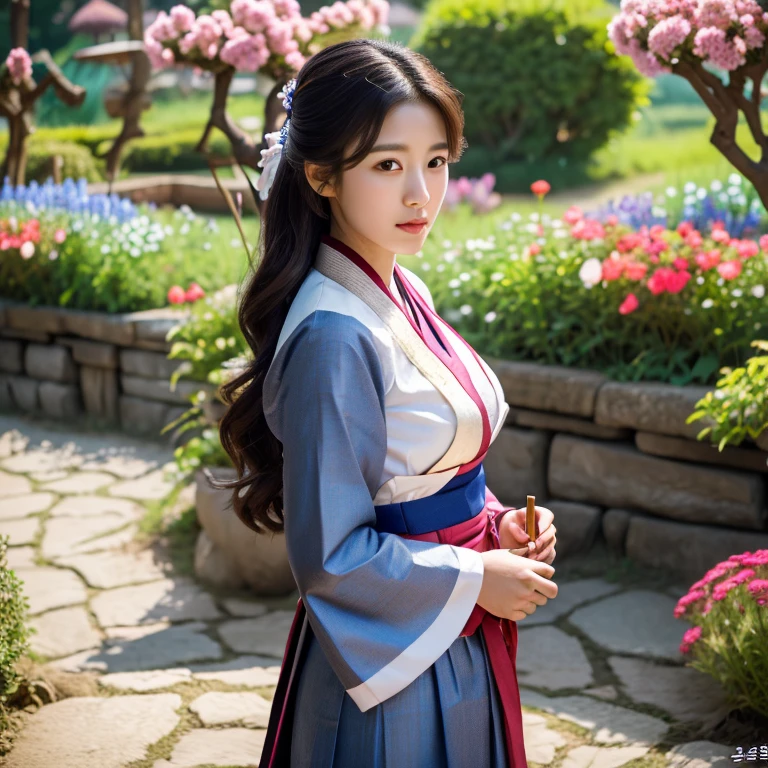 1 young woman aged 40 years, Beautiful, long, flowing hair,Wear silver and gold jewelry on your head to be beautiful and wealthy., Face with heavy makeup, clearly enhance beauty, Looking at the camera with sexy eyes, big breasts,In a dark red, dark blue dress., Standing, walking, different actions, In a flower garden,There is an old, shabby Korean-style hut., beautiful south korean woman, ผู้หญิงในชุดสีแดงเข้มสีดำเข้มน้ำเงินเข้ม Hanfu, Korean girl, korean woman, korean Hanbok, beautiful young korean woman, korean woman, Hanbok, Japanese clothes, Hanfu, Hanbok apron, นางแบบแฟชั่นkorean woman, traditional chinese clothing Taken with a high quality camera 45,000,000,000 pixels 16k,,