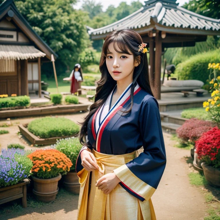 1 young woman aged 40 years, Beautiful, long, flowing hair,Wear silver and gold jewelry on your head to be beautiful and wealthy., Face with heavy makeup, clearly enhance beauty, Looking at the camera with sexy eyes, big breasts,In a dark red, dark blue dress., Standing, walking, different actions, In a flower garden,There is an old, shabby Korean-style hut., beautiful south korean woman, ผู้หญิงในชุดสีแดงเข้มสีดำเข้มน้ำเงินเข้ม Hanfu, Korean girl, korean woman, korean Hanbok, beautiful young korean woman, korean woman, Hanbok, Japanese clothes, Hanfu, Hanbok apron, นางแบบแฟชั่นkorean woman, traditional chinese clothing Taken with a high quality camera 45,000,000,000 pixels 16k,,