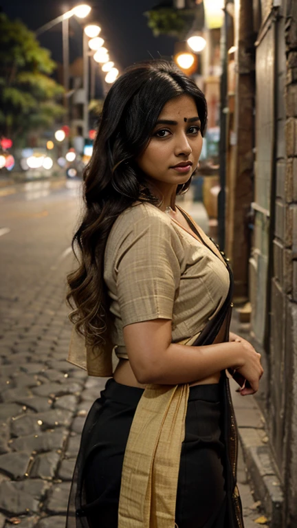 (((desi girl))), chubby face, natural skin, wearing saree , charming black hair, ((hair ends are blonde)), city streets background, bokeh