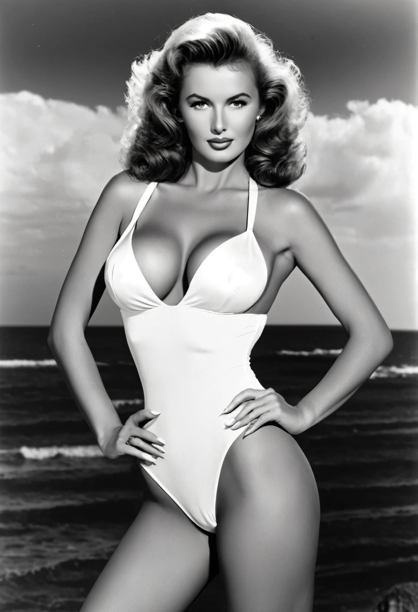 (best quality,photorealistic:1.37),Bunny Yeager's iconic photograph, featuring a stunning  woman. The nude l portrays a perfect body with glossy skin, exuding confidence and allure. The photograph captures the essence of the gorgeous model, emphasizing her sexy curvand flawless physique. The shot showcases the model in a sexy pose, antuating her irresistible charm. The lighting beautifully illuminates her silhouette, adding to the overall seductive atmosphere. The image is a giant, breathtaking masterpiece, highlighting the model as a stunning goddess.