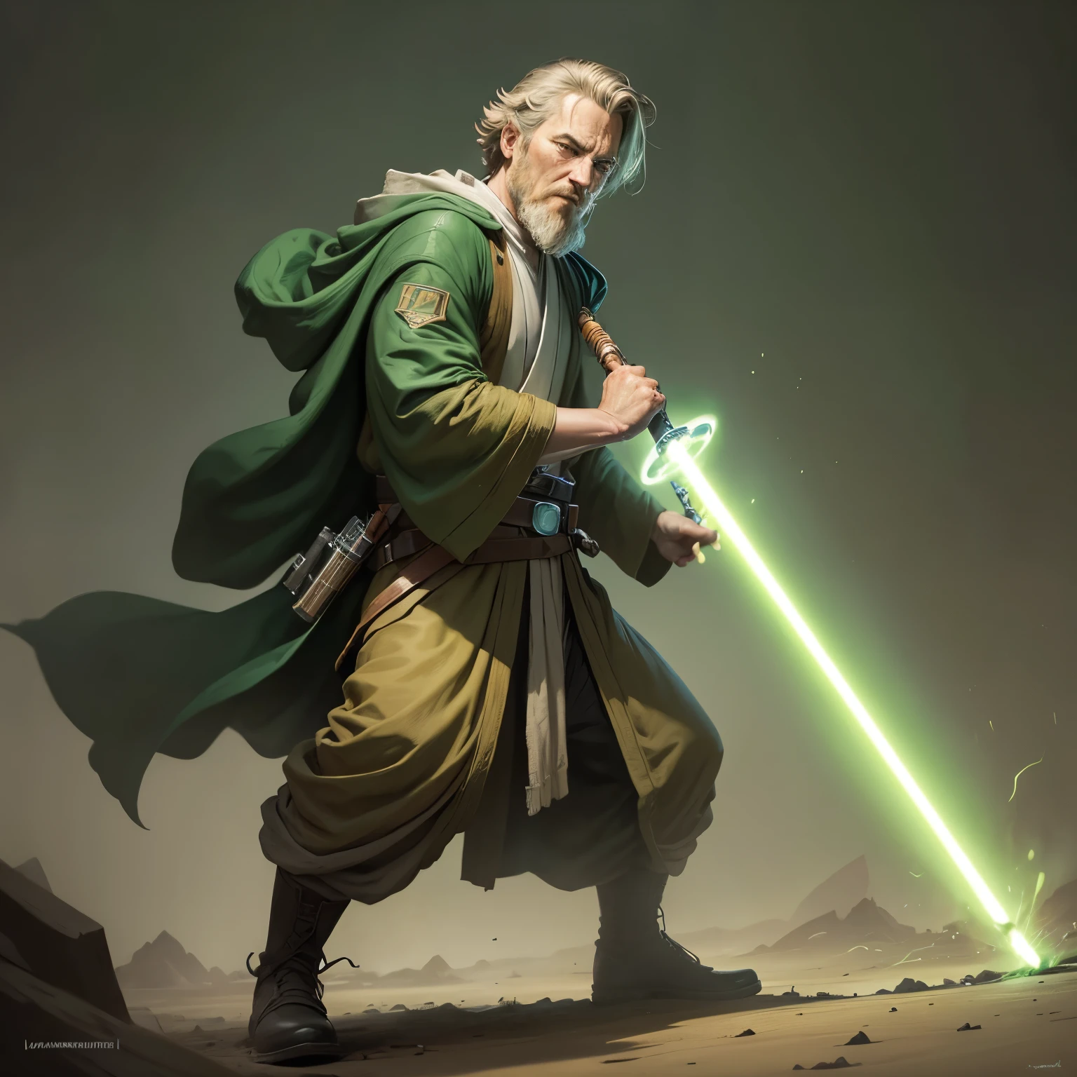 a painting of a man with a green light saber in his hand, lucasfilm jesper ejsing, jedi with light saber, jedi knight, travis fimmel as a jedi master, jedi, jedi master, green lightsaber, walter white as a jedi, stefan koidl inspired, obi-wan kenobi, obi wan kenobi