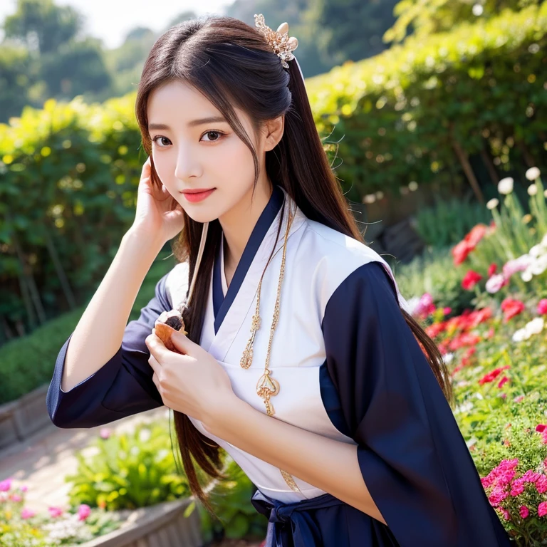 1 young woman aged 40 years, Beautiful, long, flowing hair,Wear silver and gold jewelry on your head to be beautiful and wealthy., Face with heavy makeup, clearly enhance beauty, Looking at the camera with sexy eyes, big breasts,In a dark red, dark blue dress., Standing, walking, different actions, In a flower garden,There is an old, shabby Korean-style hut., beautiful south korean woman, ผู้หญิงในชุดสีแดงเข้มสีดำเข้มน้ำเงินเข้ม Hanfu, Korean girl, korean woman, korean Hanbok, beautiful young korean woman, korean woman, Hanbok, Japanese clothes, Hanfu, Hanbok apron, นางแบบแฟชั่นkorean woman, traditional chinese clothing Taken with a high quality camera 45,000,000,000 pixels 16k,,