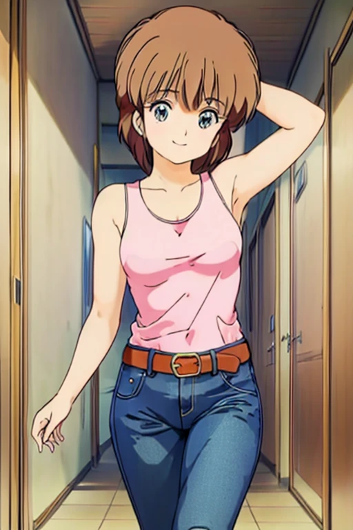 masterpiece, best quality, fujieda yoshino, pink tank top, jeans, brown belt, arched back, looking at viewer, from below, looking at viewer, hallway, smile