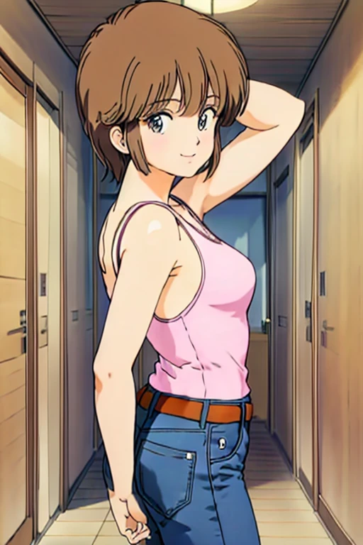 masterpiece, best quality, fujieda yoshino, pink tank top, jeans, brown belt, arched back, looking at viewer, from below, looking at viewer, hallway, smile