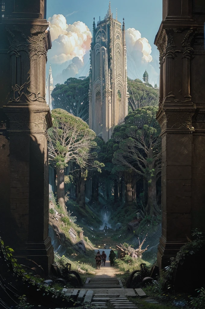 a landscape of a magical world with megalomaniac and different constructions within an enchanted forest with lots of vegetation around it, a world that mixes future and magic