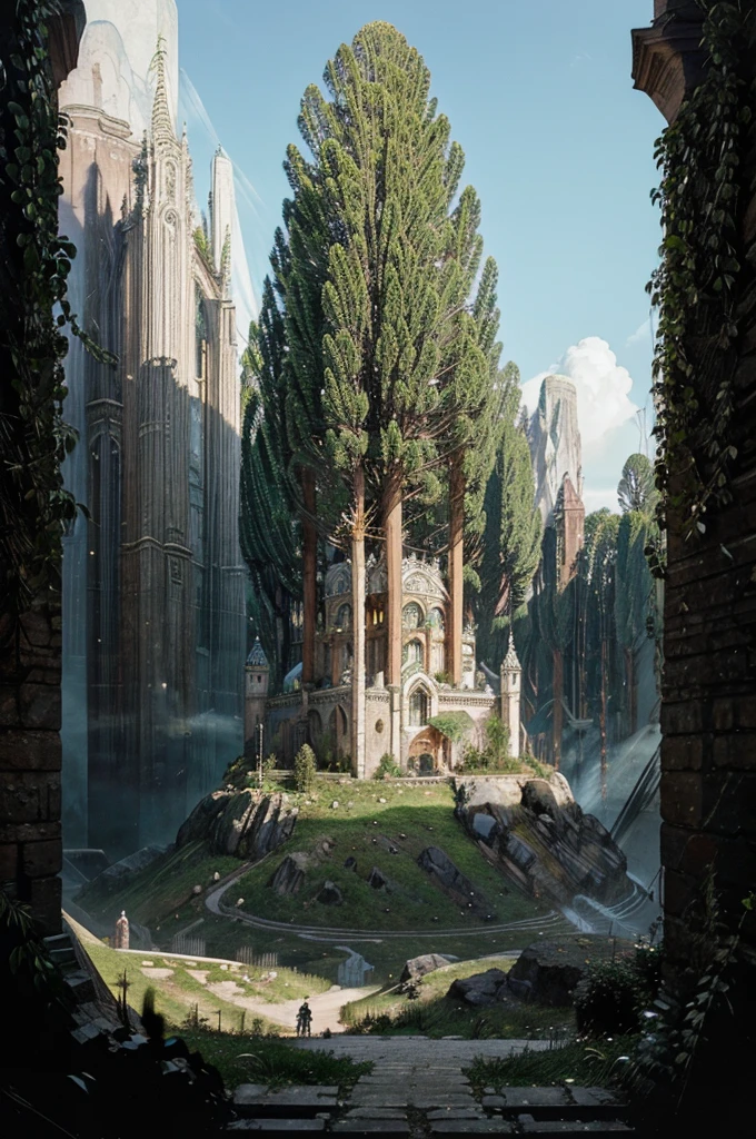 a landscape of a magical world with megalomaniac and different constructions within an enchanted forest with lots of vegetation around it, a world that mixes future and magic