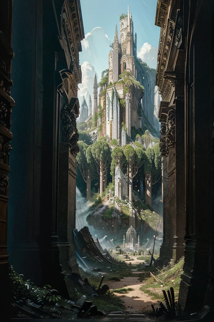 a landscape of a magical world with megalomaniac and different constructions within an enchanted forest with lots of vegetation around it, a world that mixes future and magic