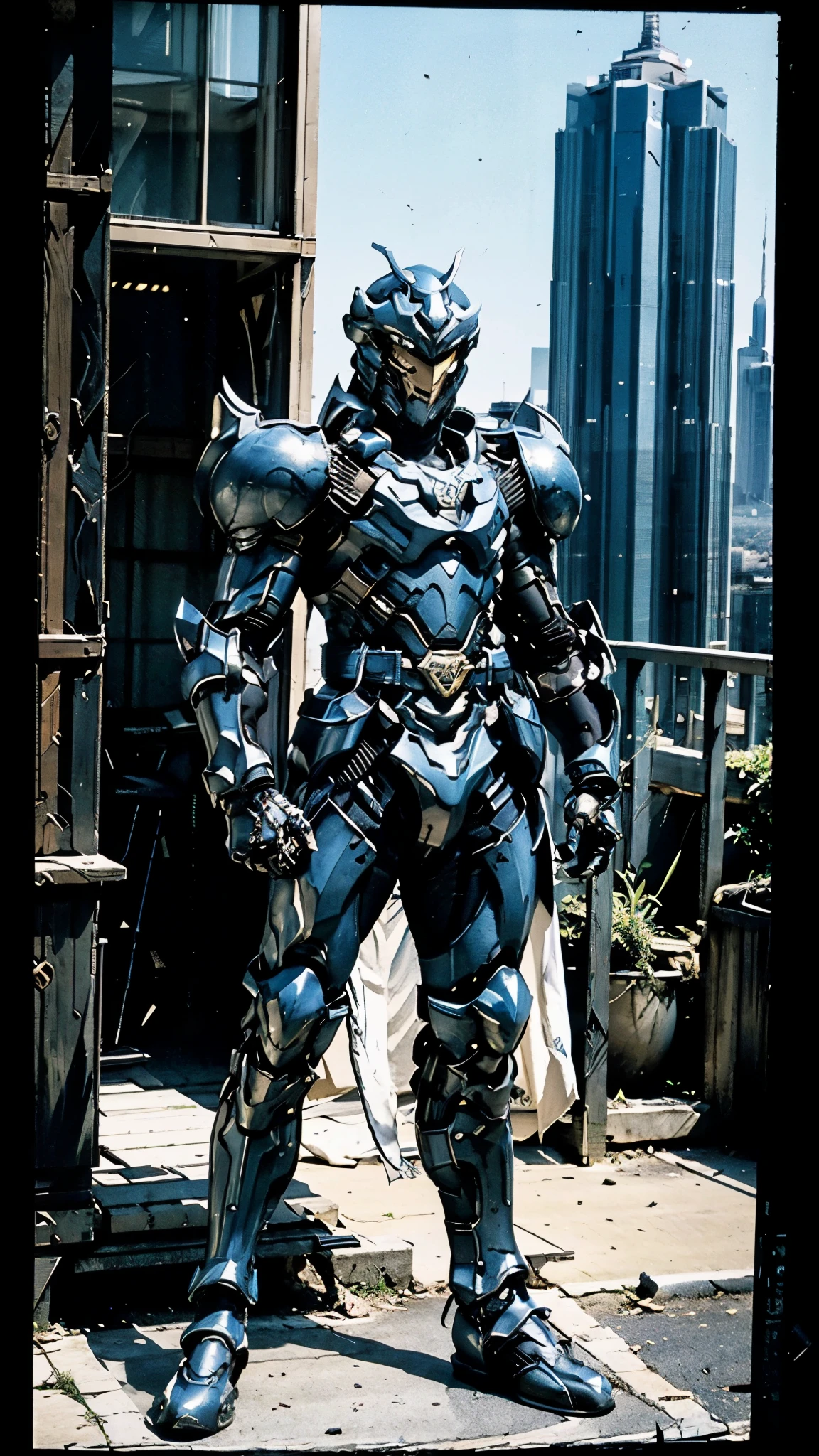A man wearing a full-face helmet, a fantasy-style biotech armored combat suit, green eyes, (a composite layered chest armor), fully enclosed shoulder guards, matching arm and leg guards, the belt is adorned with dragon claw grasping orbs, (the color scheme is primarily white with red and blue accents), the design balances heavy with agility, a high-tech bio-mecha armor, (Armor Concept Inspired by Dragon, stand on the top of a skyscraper in a futuristic sci-fi city), this character embodies a finely crafted fantasy-surreal style armored hero in anime style, exquisite and mature manga art style, (battle damage, element, plasma, energy, the armor glows), ((male:1.5)), metallic, real texture material, dramatic, high definition, best quality, highres, ultra-detailed, ultra-fine painting, extremely delicate, professional, perfect body proportions, golden ratio, anatomically correct, symmetrical face, extremely detailed eyes and face, high quality eyes, creativity, RAW photo, UHD, 32k, Natural light, cinematic lighting, masterpiece-anatomy-perfect, masterpiece:1.5