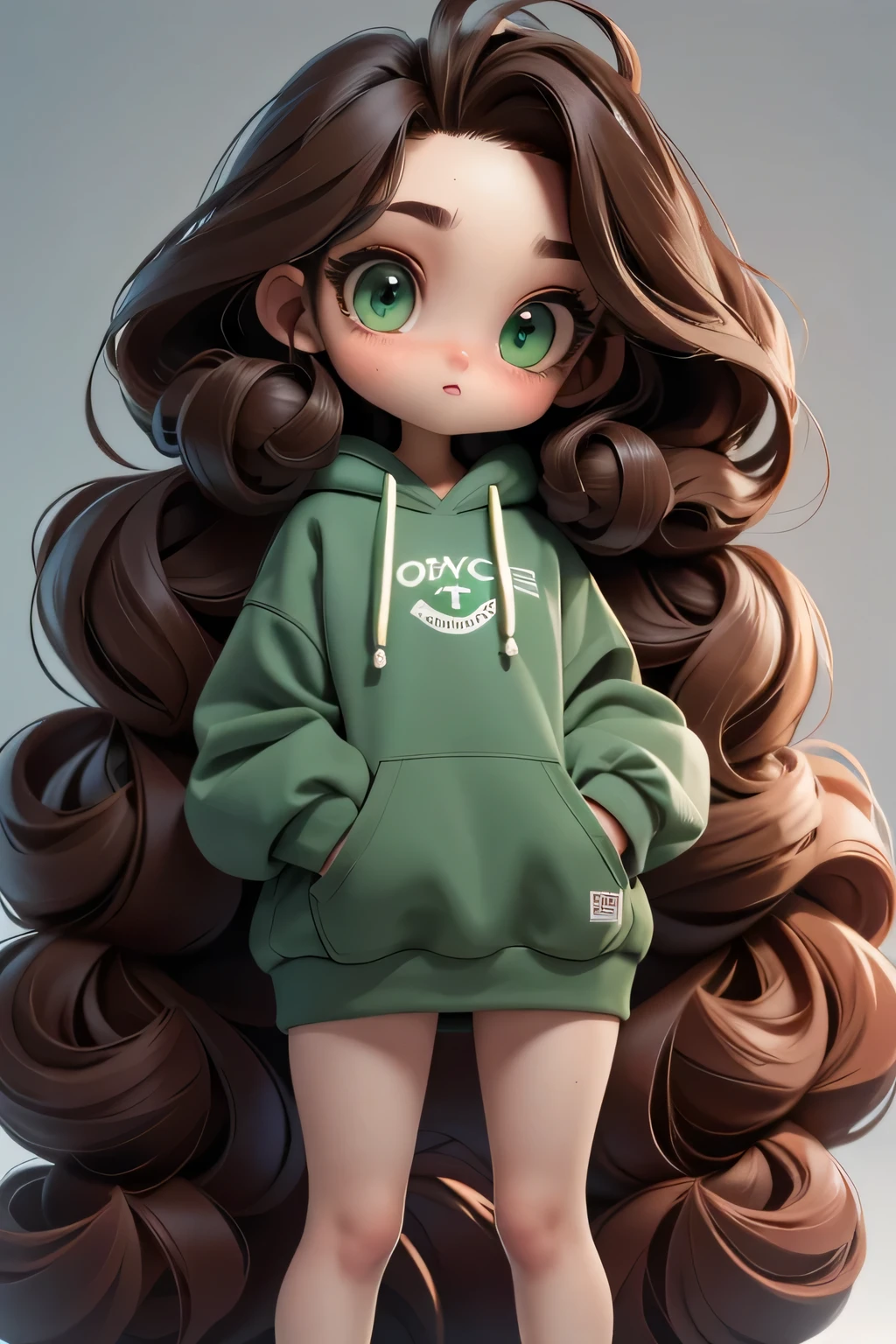 Masterpiece, Best quality, 8K, Cinematic light, Ultra-high resolution, tchibi, 1girll,full bodyesbian, extra very long curly hair，brown hair，boxer，black sweatshirt, green eyes 