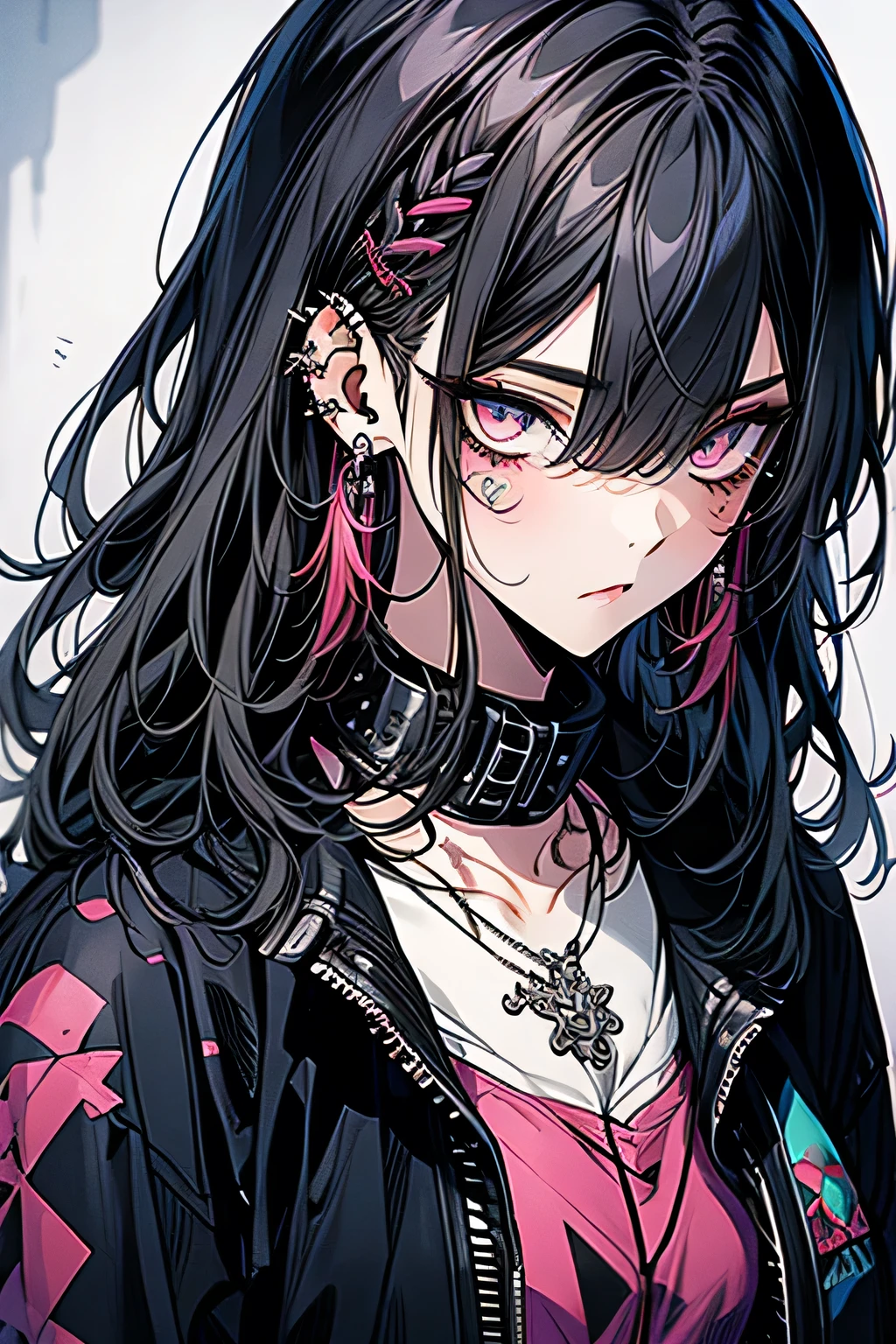 masterpiece, best quality, PIXIV, cool girl, lots of piercings, earrings, tattoos, black hair, pink dip-dye hair, gray eyes