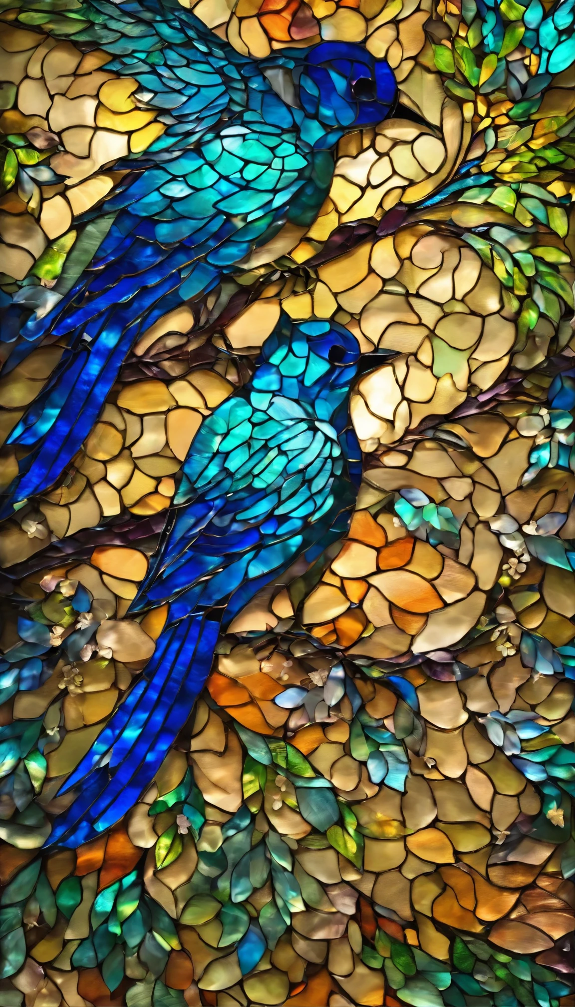The background is greenblue,All expressed with jewels, the arrival of spring, various beautiful wisteria flowers,beautiful rainbow birds,beautiful birds
, angles looking up from below, various jewels falling from the sky, wonderful and beautiful superb view, slightly hazy, fantastic, high resolution, 8K, (best quality, highres, realistic:1.37), shiny metallic flowers, intricate and delicate petals, reflective surfaces, vibrant colors, intricate details, close-up view, surreal garden, surreal beauty, dreamy atmosphere, fine art, abstract botanicals, metallic sculpture, contrasting textures, ethereal glow