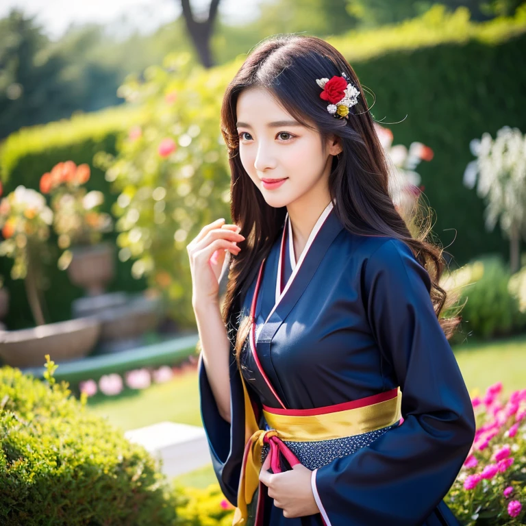 ung woman aged 30 years, Beautiful, long, flowing hair,Wear silver and gold jewelry on your head to be beautiful and wealthy., Face with heavy makeup, clearly enhance beauty, Looking at the camera with sexy eyes, In a dark red, dark blue dress., Standing, walking, different actions, In a flower garden,There is an old, shabby Korean-style hut., beautiful south korean woman, ผู้หญิงในชุดสีแดงเข้มสีดำเข้มน้ำเงินเข้ม Hanfu, Korean girl, korean woman, korean Hanbok, beautiful young korean woman, korean woman, Hanbok, Japanese clothes, Hanfu, Hanbok apron, นางแบบแฟชั่นkorean woman, traditional chinese clothing Taken with a high quality camera 45,000,000,000 pixels 16k,,