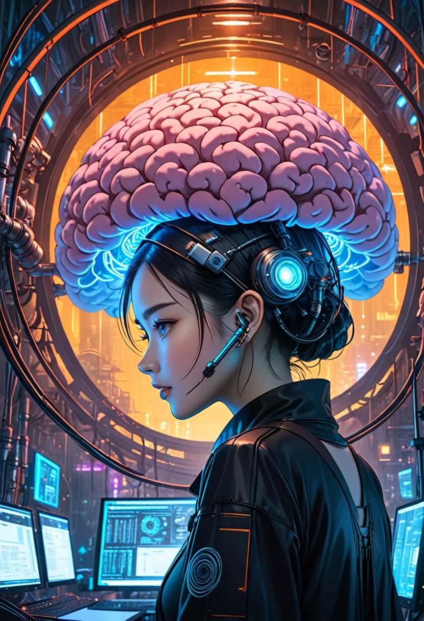 In the cyberpunk world、A woman is wearing headgear、Many pipes extend from the back of the head.。In the dimly lit laboratory、A giant brain floats in a giant capsule、Filled with culture medium。The view is futuristic、It's creepy at the same time.。A woman stands in front of a capsule、I'm monitoring all of the security in this city.。