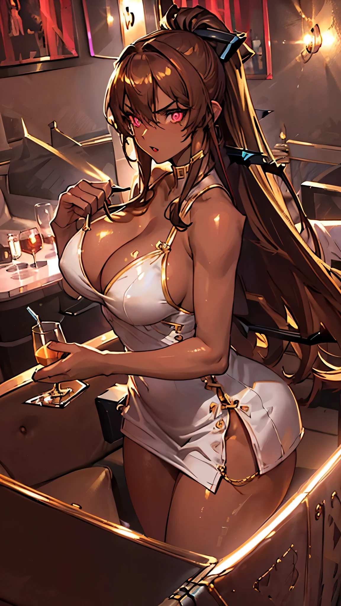 best quality, ultra-detailed, illustration,
sc1, scenery, night, lights, indoors, light, neon lights, couch, table,
1girl、Night dress, drinking glass, (((Big Breasts))), Large red velvet sofa、Sexy beauty
 (((Golden lighting)))、(Sharp Eyes、Brown Skin:1.5)