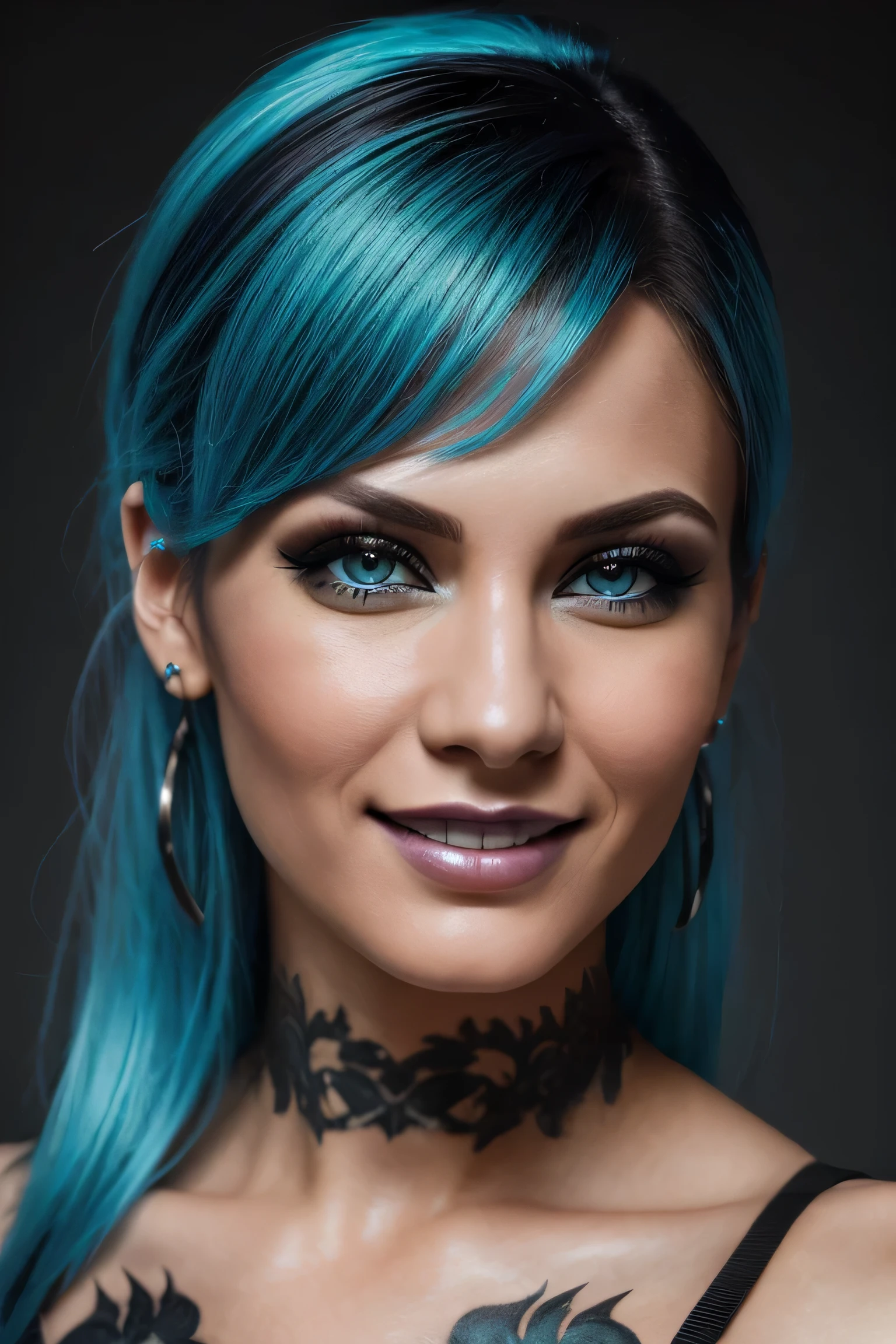 (best quality,ultra-detailed,photorealistic:1.37),beautiful punk woman in her early 30's,beautiful detailed smile,dark makeup,cyan hairstyle,hyper-detailed photography,soft light,head and shoulders portrait,cover shot