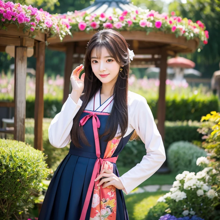 ung woman aged 30 years, Beautiful, long, flowing hair,Wear silver and gold jewelry on your head to be beautiful and wealthy., Face with heavy makeup, clearly enhance beauty, Looking at the camera with sexy eyes, In a dark red, dark blue dress., Standing, walking, different actions, In a flower garden,There is an old, shabby Korean-style hut., beautiful south korean woman, ผู้หญิงในชุดสีแดงเข้มสีดำเข้มน้ำเงินเข้ม Hanfu, Korean girl, korean woman, korean Hanbok, beautiful young korean woman, korean woman, Hanbok, Japanese clothes, Hanfu, Hanbok apron, นางแบบแฟชั่นkorean woman, traditional chinese clothing Taken with a high quality camera 45,000,000,000 pixels 16k,,