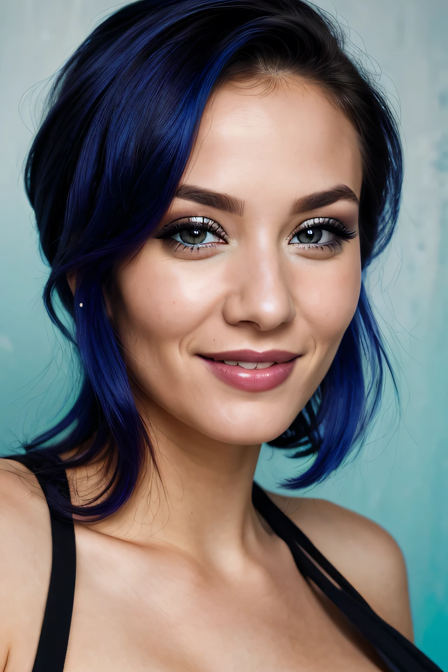 (best quality,ultra-detailed,photorealistic:1.37),beautiful punk woman in her early 30's,beautiful detailed smile,dark makeup,cyan hairstyle,hyper-detailed photography,soft light,head and shoulders portrait,cover shot