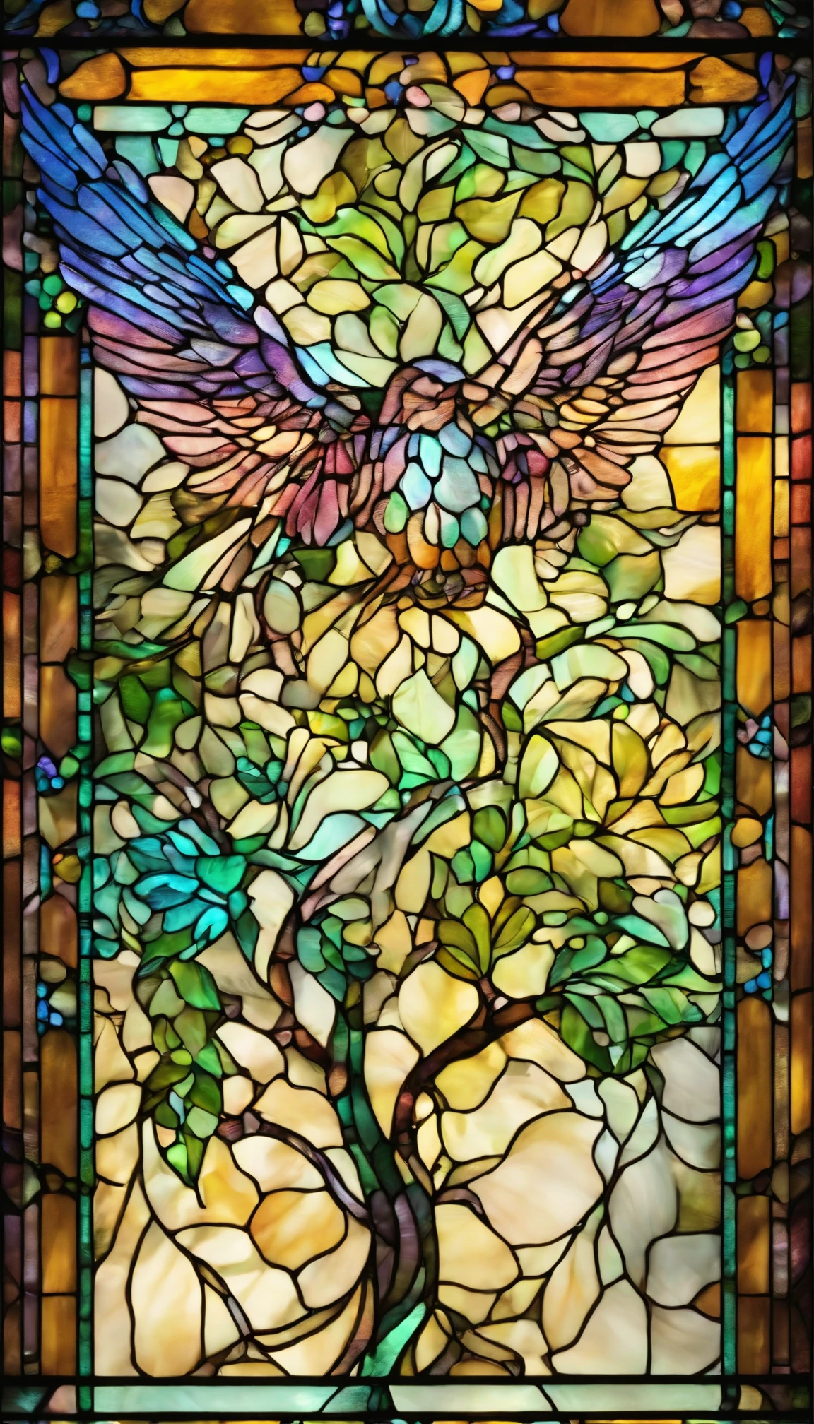 The background is greenblue,All expressed with jewels, the arrival of spring, various beautiful wisteria flowers,beautiful rainbow birds,beautiful birds
, angles looking up from below, various jewels falling from the sky, wonderful and beautiful superb view, slightly hazy, fantastic, high resolution, 8K, (best quality, highres, realistic:1.37), shiny metallic flowers, intricate and delicate petals, reflective surfaces, vibrant colors, intricate details, close-up view, surreal garden, surreal beauty, dreamy atmosphere, fine art, abstract botanicals, metallic sculpture, contrasting textures, ethereal glow
