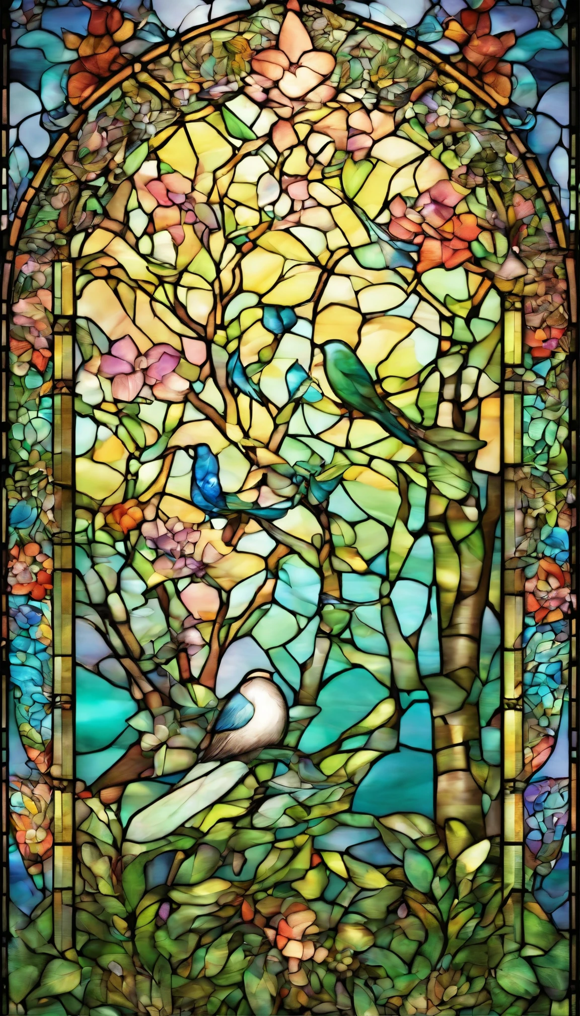 The background is greenblue,All expressed with jewels, the arrival of spring, various beautiful wisteria flowers,beautiful rainbow birds,beautiful birds
, angles looking up from below, various jewels falling from the sky, wonderful and beautiful superb view, slightly hazy, fantastic, high resolution, 8K, (best quality, highres, realistic:1.37), shiny metallic flowers, intricate and delicate petals, reflective surfaces, vibrant colors, intricate details, close-up view, surreal garden, surreal beauty, dreamy atmosphere, fine art, abstract botanicals, metallic sculpture, contrasting textures, ethereal glow