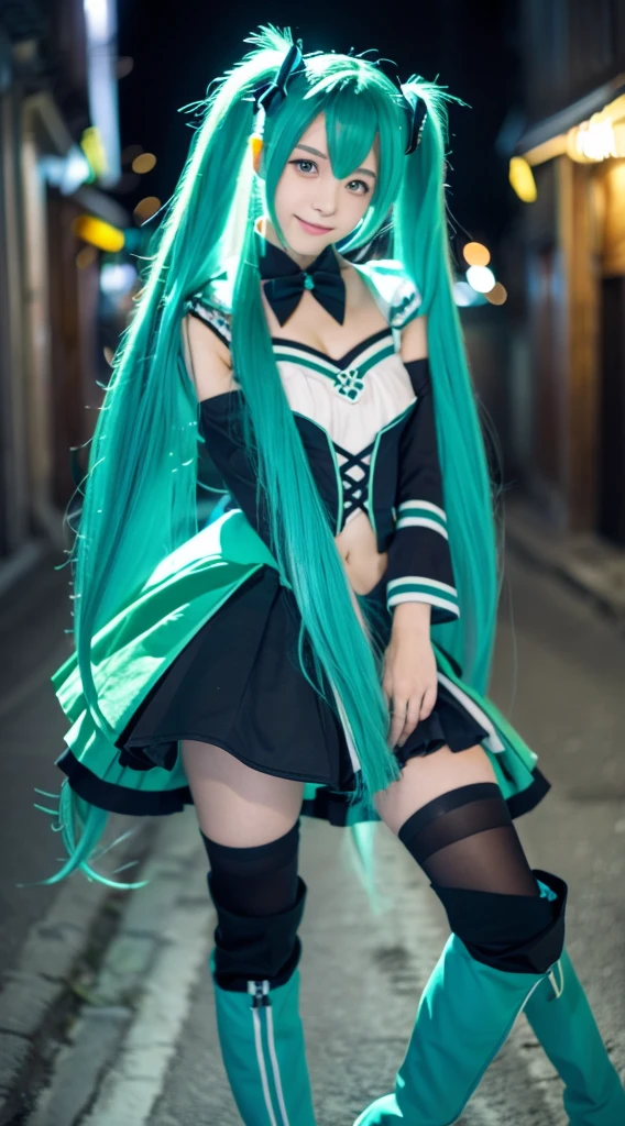 1 cute girl, , (Detailed close-up photos), hatsune miku cosplay, (Wearing a Hatsune Miku costume), Green short skirt with black trim, Beautiful legs, (Long, tight black knee-high boots with green trim) , (Pose in a narrow street with buildings and lights), (Long green hair with two ribbons), (Long green hair swaying in the wind), Futuristic clothing, Detailed face, Blushing, Shining Eyes, A light smile, (Hands Behind Back)