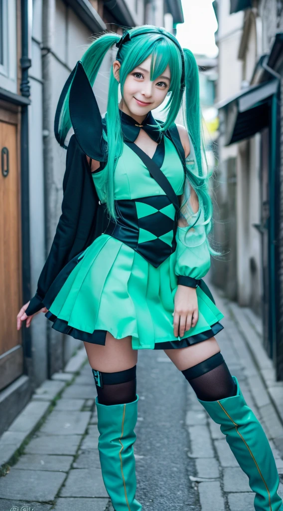 1 cute girl,  16 years old, (Detailed close-up photos), hatsune miku cosplay, (Wearing a Hatsune Miku costume), Green short skirt with black trim, Beautiful legs, (Long, tight black knee-high boots with green trim) , (Pose in a narrow street with buildings and lights), (Long green hair with two ribbons), (Long green hair swaying in the wind), Futuristic clothing, Detailed face, Blushing, Shining Eyes, A light smile, (Hands Behind Back)