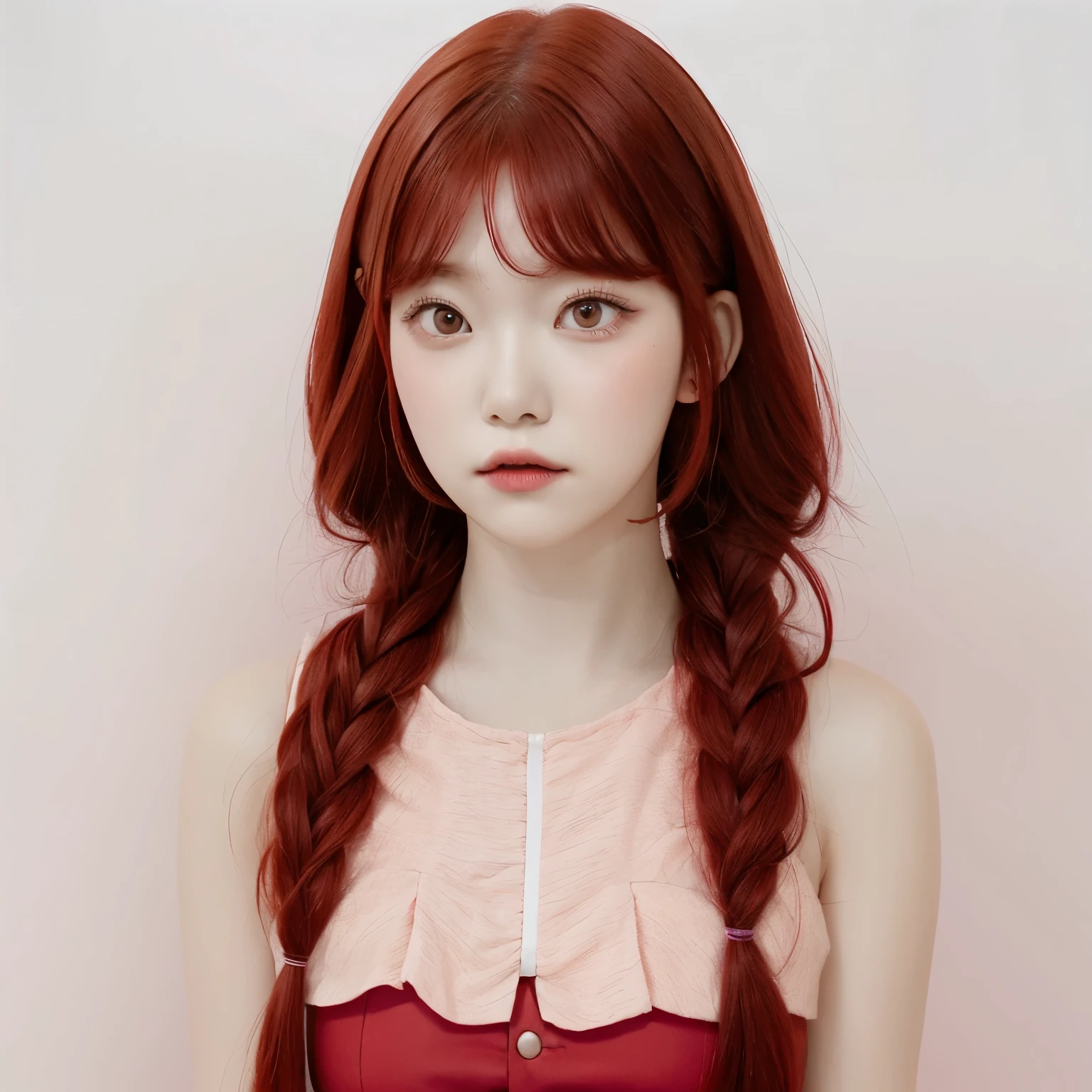 tsuki, ((1girl)), ((red hair)), shoulder length hair, wavy hair, pink short dress, white background, portrait 