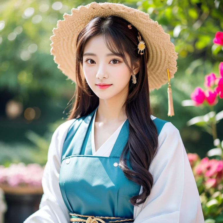 1 young woman aged 30 years, Beautiful, long, flowing hair,Wear silver and gold jewelry.,Face with heavy makeup, clearly enhance beauty, Looking at the camera with sexy eyes, In a dark red, dark blue dress., Standing, walking, different actions, In a flower garden,There is an old, shabby Korean-style hut., beautiful korean woman, Hanbok, Japanese clothes, Hanfu, Hanbok apron, Korean female fashion model, traditional chinese clothing Taken with a high quality camera 45,000,000,000 pixels 16k,,