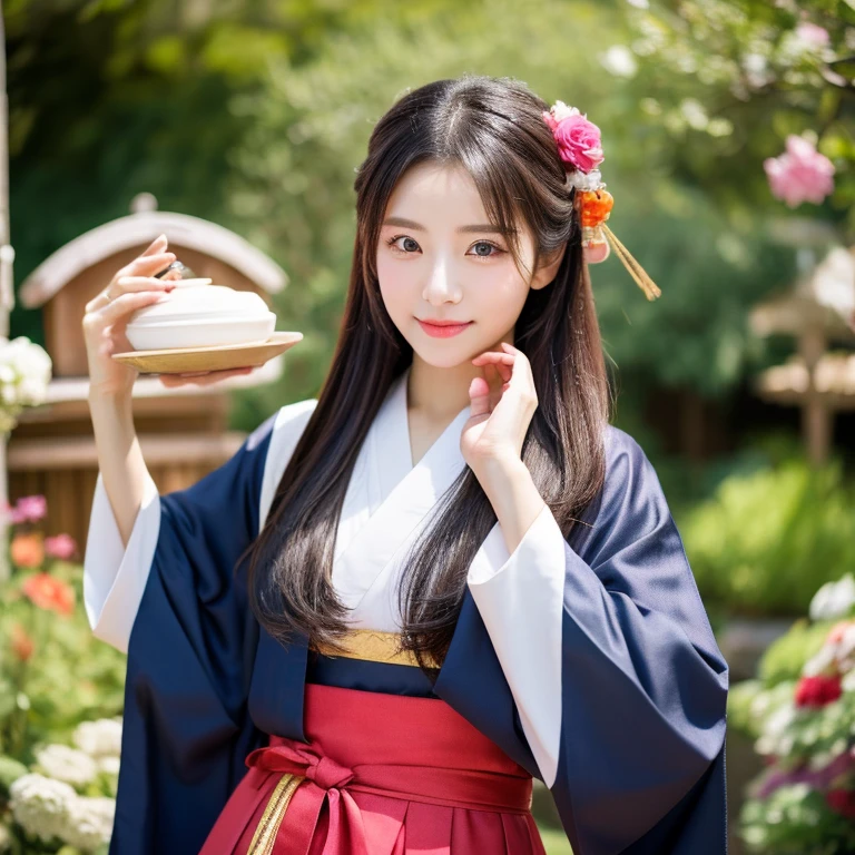 1 young woman aged 30 years, Beautiful, long, flowing hair,Wear silver and gold jewelry.,Face with heavy makeup, clearly enhance beauty, Looking at the camera with sexy eyes, In a dark red, dark blue dress., Standing, walking, different actions, In a flower garden,There is an old, shabby Korean-style hut., beautiful korean woman, Hanbok, Japanese clothes, Hanfu, Hanbok apron, Korean female fashion model, traditional chinese clothing Taken with a high quality camera 45,000,000,000 pixels 16k,,