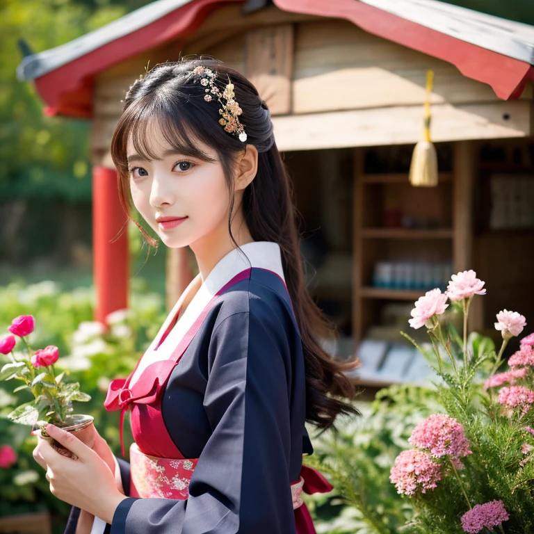 ung woman aged 30 years, Beautiful, long, flowing hair,Wear silver and gold jewelry.,Face with heavy makeup, clearly enhance beauty, Looking at the camera with sexy eyes, In a dark red, dark blue dress., Standing, walking, different actions, In a flower garden,There is an old, shabby Korean-style hut., beautiful korean woman, Hanbok, Japanese clothes, Hanfu, Hanbok apron, Korean female fashion model, traditional chinese clothing Taken with a high quality camera 45,000,000,000 pixels 16k,,