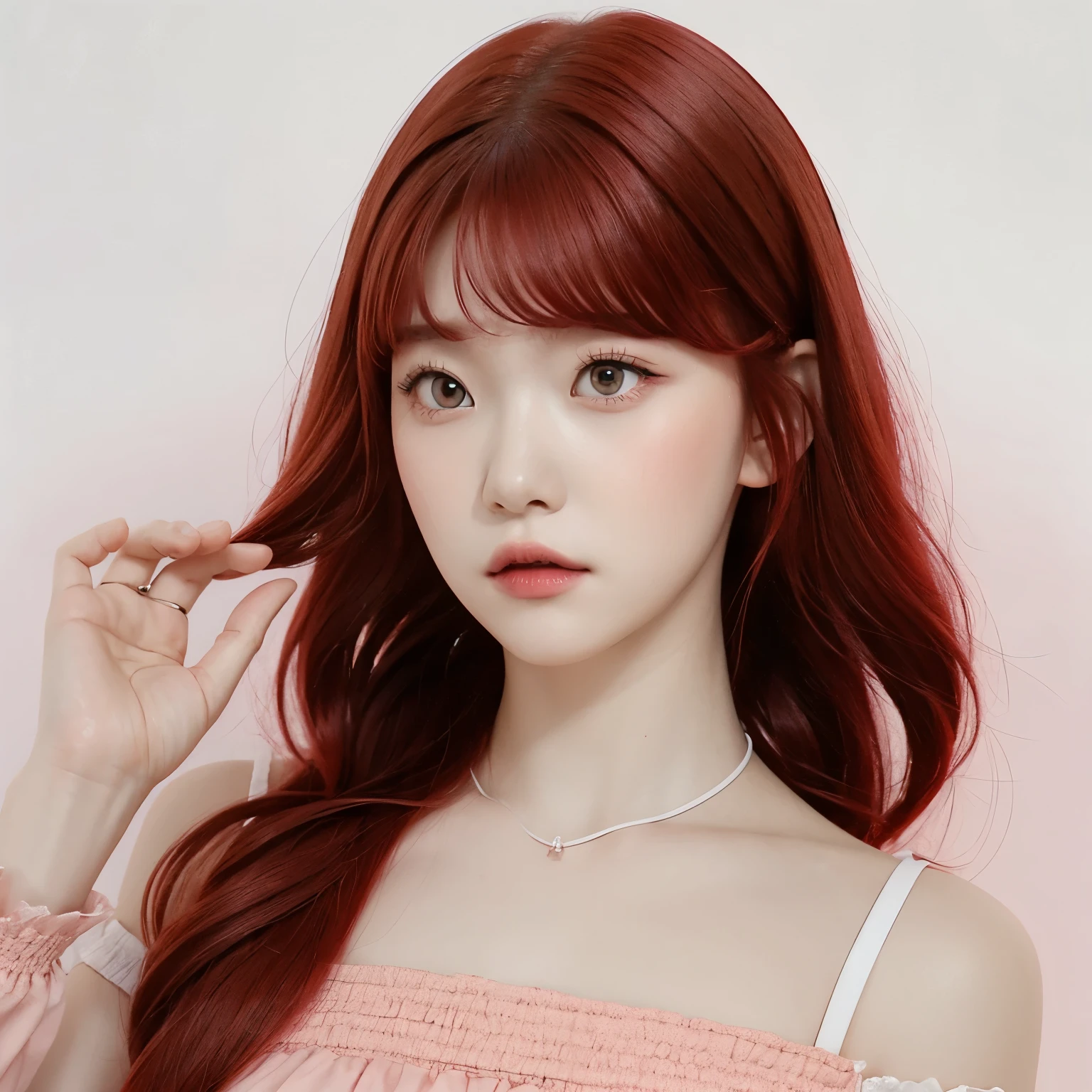 tsuki, ((1girl)), ((red hair)), shoulder length hair, wavy hair, pink short dress, white background, portrait 