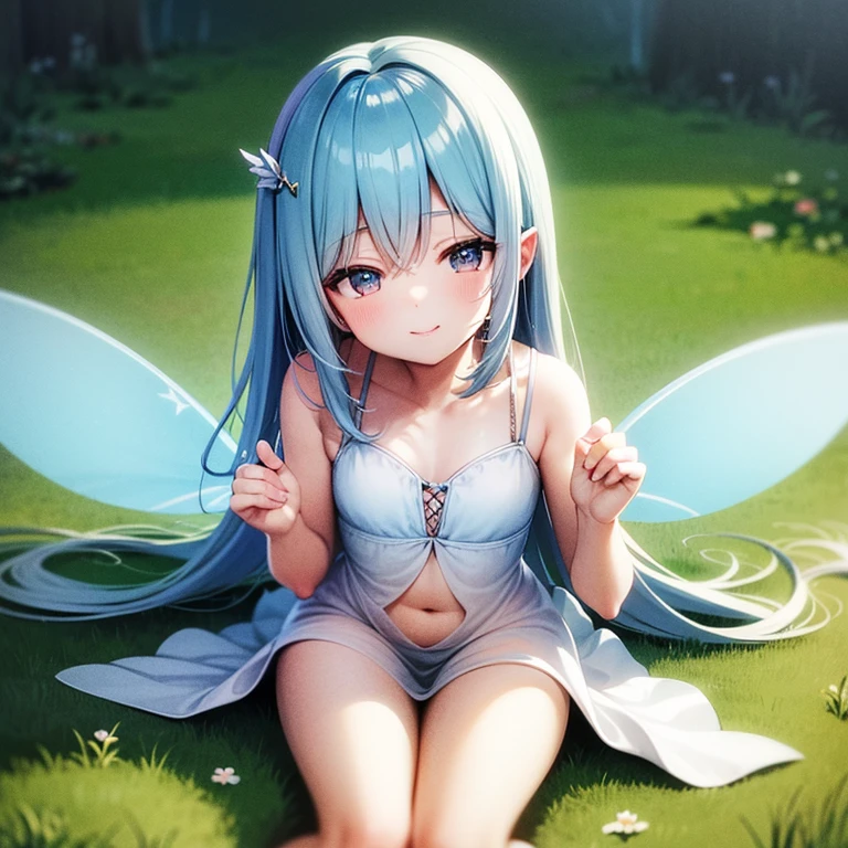 (best quality,highres),cute little fairy with transparent wings,mini dress,thick thighs,long light blue hair,lying on the grass,tenderly smiling,teasing,ultra-detailed,portraits,vivid colors,painting-like,soft lighting