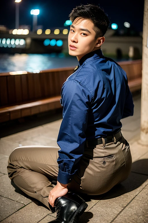 20-year-old boy ,Korean male officer ,..,handsome ,Wear long sleeve police uniform shirt...............,beige dark blue tight trousers, ,((unrealistic super big tight butt wearing pants))............................. Black boots and dark navy gloves.,sit on the ground , His legs spread apart sitting on the ground................................, Police Logo ,tight breasts ,Muscle Man , ((The arm muscles are very large...................)) ,large , Wide shoulders ,open legs, head turn slightly to looking back to the camera, rear shot.......................................... high angle looking down...............,Sexually suggestive, (Dynamic Poses:1.1) , thights , (Embossed Focus:1.2),On your knees........................., empty toilet cubicle at night, Best qualtiy , Wide lens from far ,deep depth of field ,Bokeh background