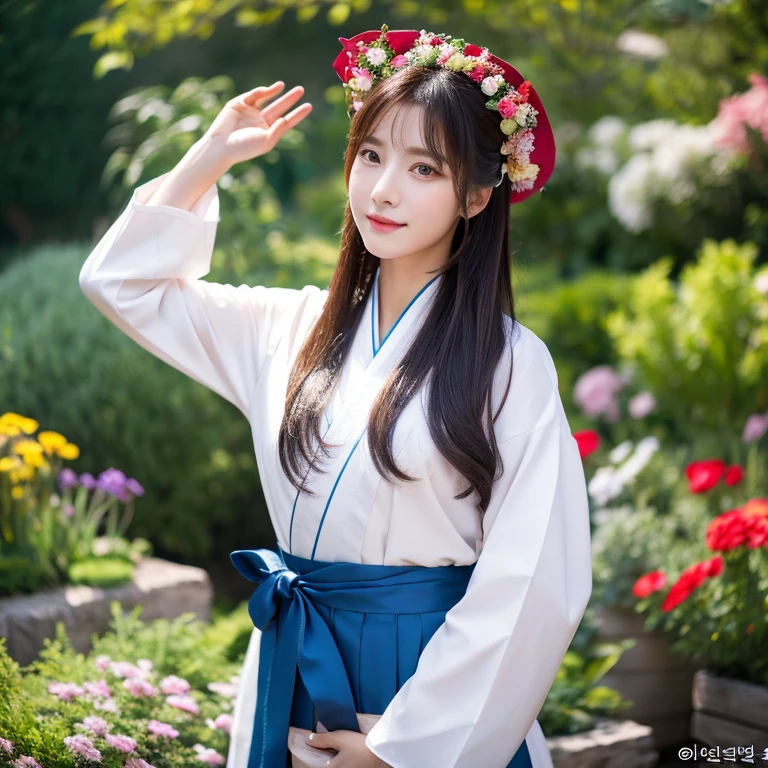 1 young woman aged 30 years, Beautiful, long, flowing hair,Wear silver and gold jewelry.,Face with heavy makeup, clearly enhance beauty, Looking at the camera with sexy eyes, In a dark red, dark blue dress., Standing, walking, different actions, In a flower garden,There is a Korean style hut., korean woman, Hanbok, Japanese clothes, Hanfu, Hanbok apron, นางแบบแฟชั่นkorean woman, traditional chinese clothing Taken with a high quality camera 45,000,000,000 pixels 16k,,