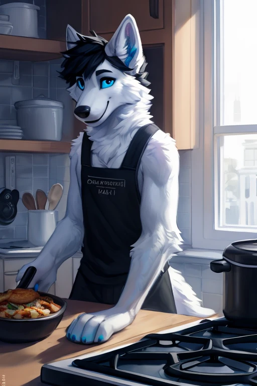 (((Atlas a white Wolf with blue eyes and nose and black hair indoors, inside a kitchen cooking food on the stove and you can see him cooking in the kitchen ))) , big chest wearing clothing , day, , sensual, detailed, uploaded to e621, beautiful and detailed portrait of an anthropomorphic , (((male))) uploaded to e621, zaush, foxovh, movie lighting, thicc, alone, movie cover, detailed, 8k res, hires, detailed eyes, good anatomy, good perspective, towards viewer, by bebebebebe, by sicklyhypnos, by gerkk, by orf, nice hands, perfect hands, happy, romantic, ray tracing lighting, rtx on