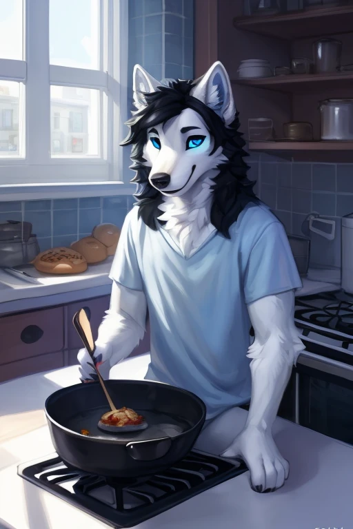 (((Atlas a white Wolf with blue eyes and nose and black hair indoors, inside a kitchen cooking food on the stove and you can see him cooking in the kitchen ))) , big chest wearing clothing , day, , sensual, detailed, uploaded to e621, beautiful and detailed portrait of an anthropomorphic , (((male))) uploaded to e621, zaush, foxovh, movie lighting, thicc, alone, movie cover, detailed, 8k res, hires, detailed eyes, good anatomy, good perspective, towards viewer, by bebebebebe, by sicklyhypnos, by gerkk, by orf, nice hands, perfect hands, happy, romantic, ray tracing lighting, rtx on