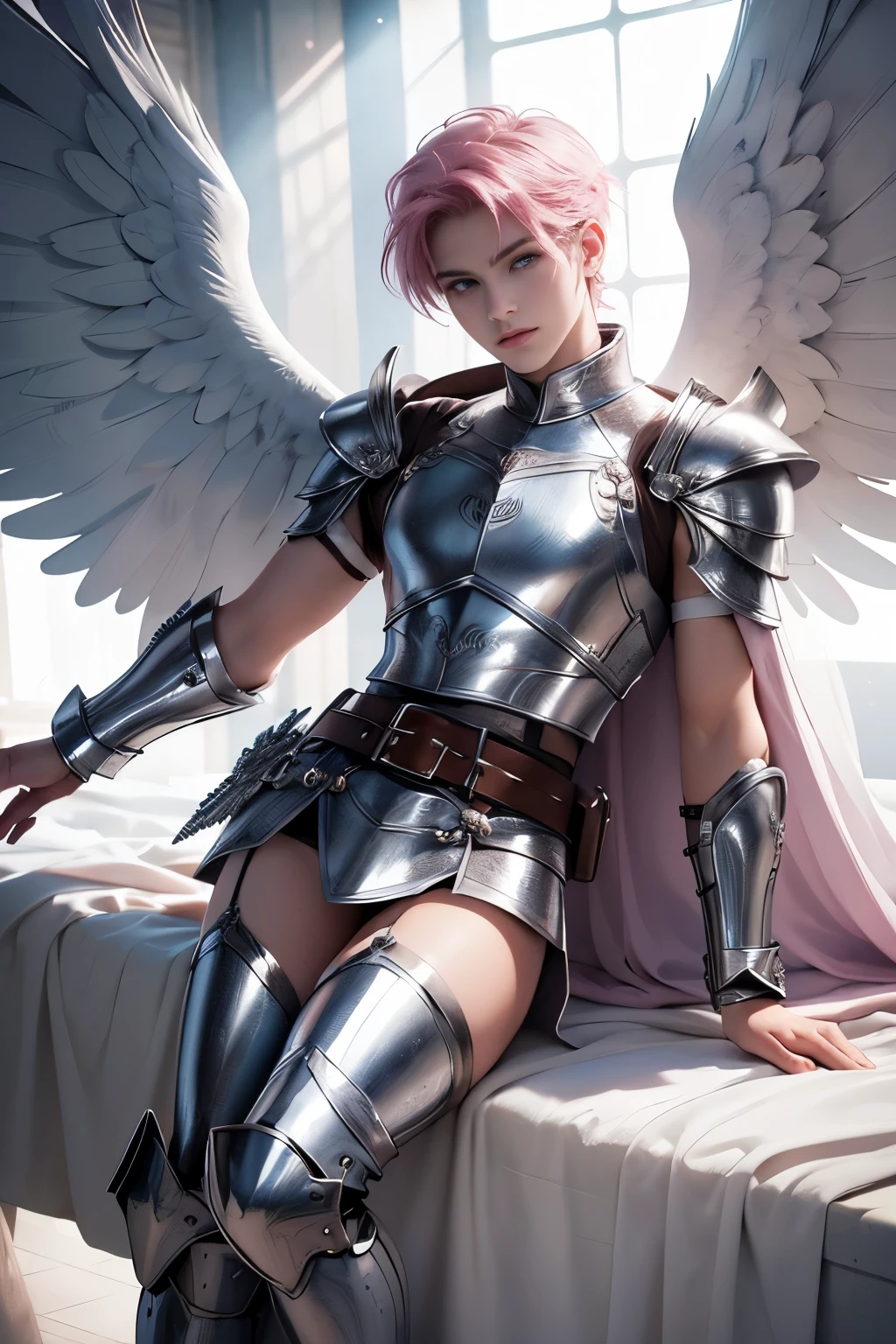 ((Best quality)), ((masterpiece)), 8k (detailed), ((perfect face)), perfect proporcions, ((halfbody)) He is a beautiful angel, he is 18 years old, he has pink hair, he has big eyes, he has white wings, he wears silver armor, there is an open sky behind him, he has a shiny belt((perfect face)) ((fullbody)