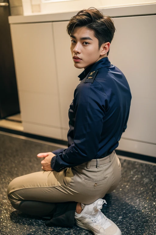 20-year-old boy ,Korean male officer ,..,handsome ,Wear long sleeve police uniform shirt...............,beige dark blue tight trousers, ,((unrealistic super big tight butt wearing pants))............................. Black boots and dark navy gloves.,sit on the ground , His legs spread apart sitting on the ground................................, Police Logo ,tight breasts ,Muscle Man , ((The arm muscles are very large...................)) ,large , Wide shoulders ,open legs, head turn slightly to looking back to the camera, rear shot.......................................... high angle looking down...............,Sexually suggestive, (Dynamic Poses:1.1) , thights , (Embossed Focus:1.2),On your knees........................., empty toilet cubicle at night, Best qualtiy , Wide lens from far ,deep depth of field ,Bokeh background