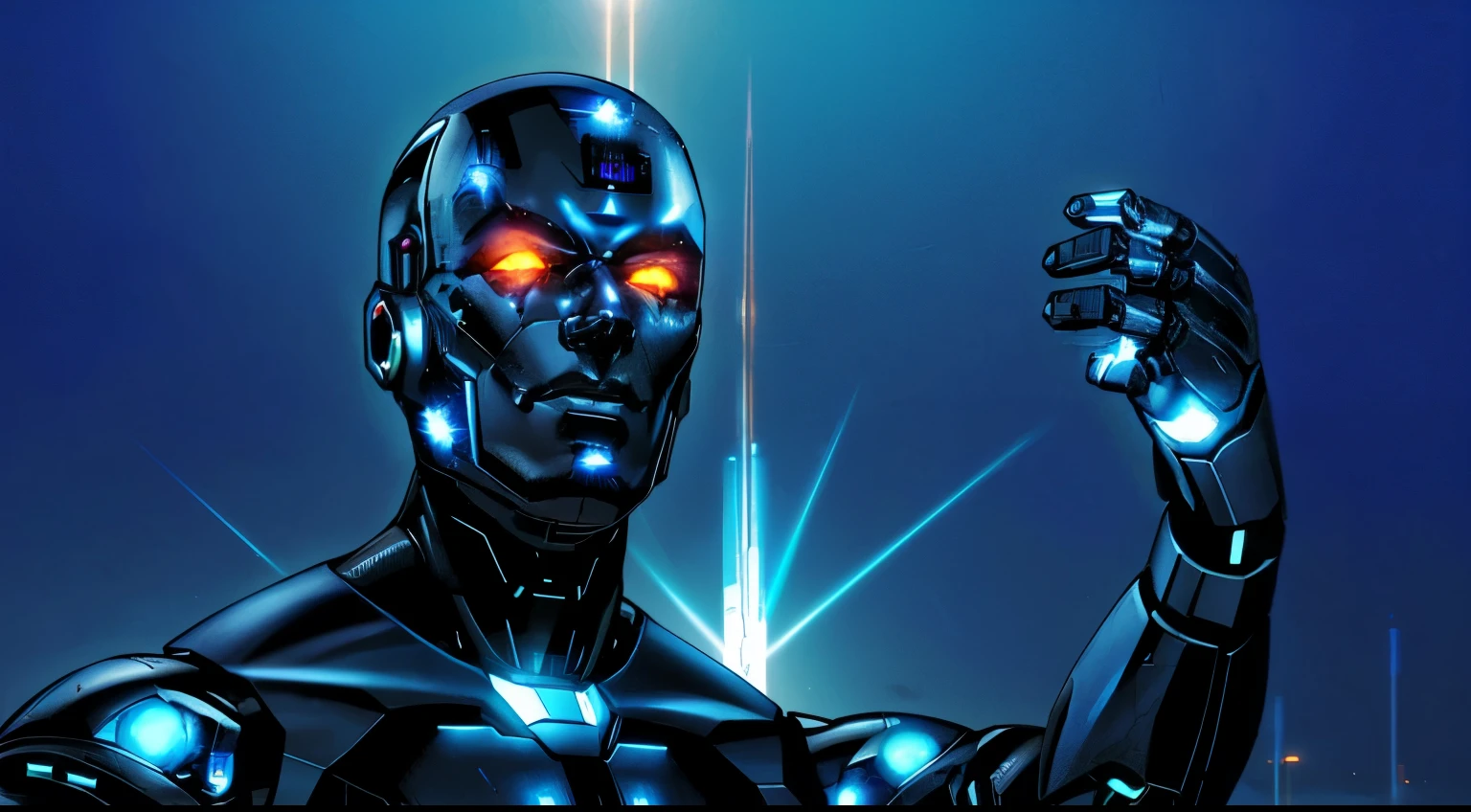 arafed robot with glowing eyes and a black body, cyborg male, male cyborg, movie still of a villain cyborg, movie still of a cool cyborg, portrait of cyborg, cybernetic bionic ancient cyborg, portrait of male humanoid, posing robotically, male android, portrait of a futuristic robot, movie still of a cyborg