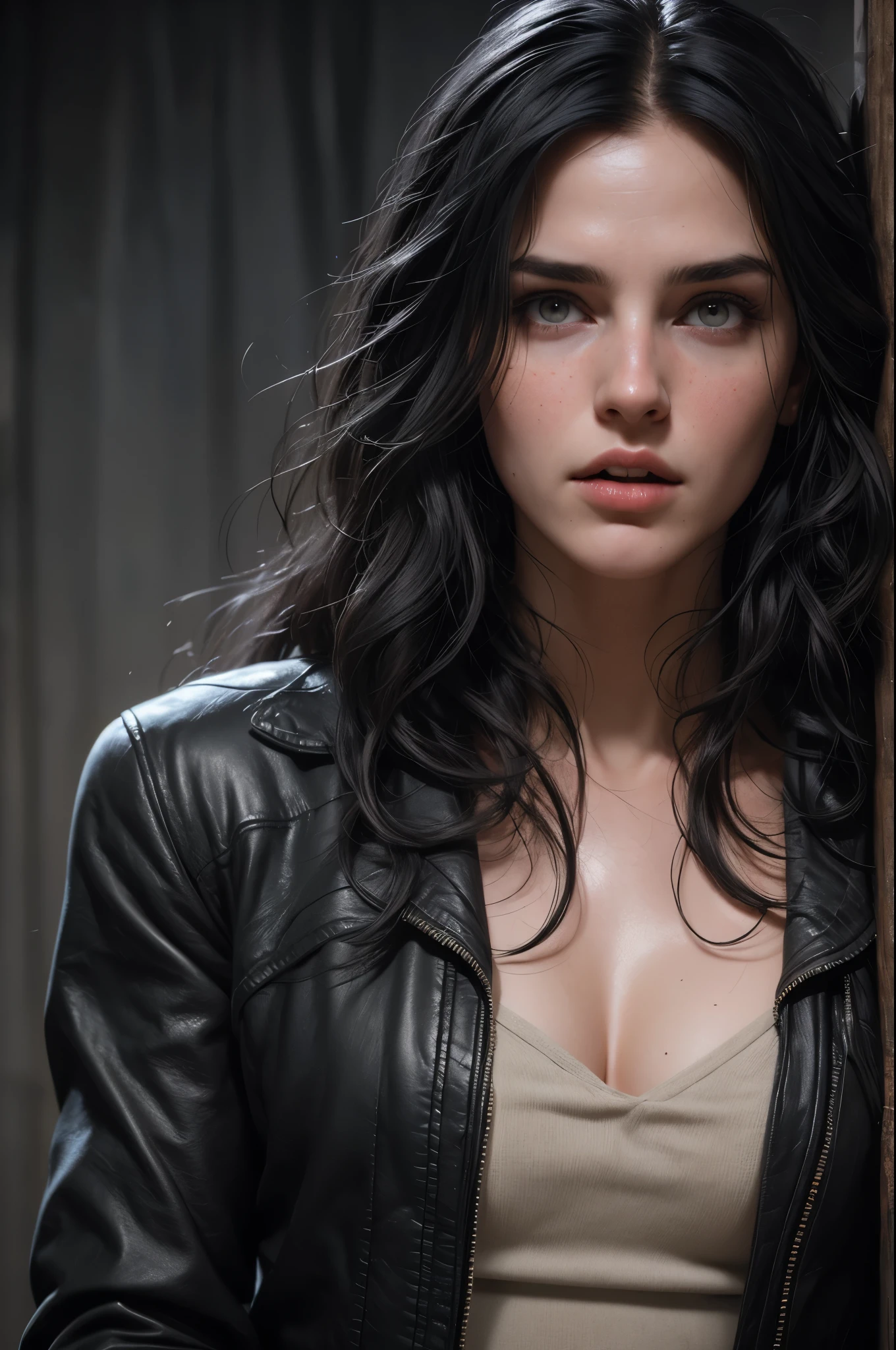 linda com longos cabelosbrancoos e olhos azuis cristalinos parecida com a yennefer do jogo the witcher, She wears a black leather jacket and is in the middle of a fierce battle against enemy soldiers...., your face is stained with blood and freckles, Your skin is white, and his expression is angry