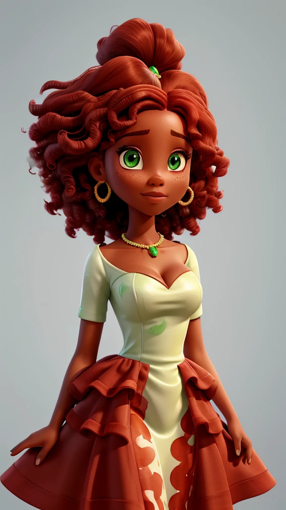 A black woman with red hair and light green eyes, wearing elegant party clothes, with scattered contours and white background, intricate details, low key, watercolor, splash