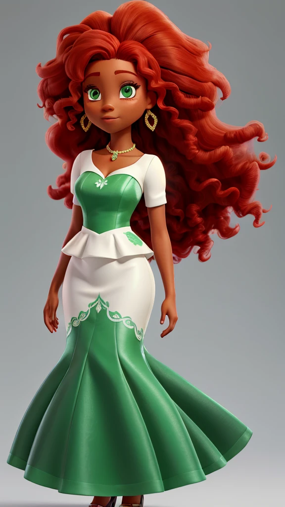 A black woman with red hair and light green eyes, wearing elegant party clothes, with scattered contours and white background, intricate details, low key, watercolor, splash