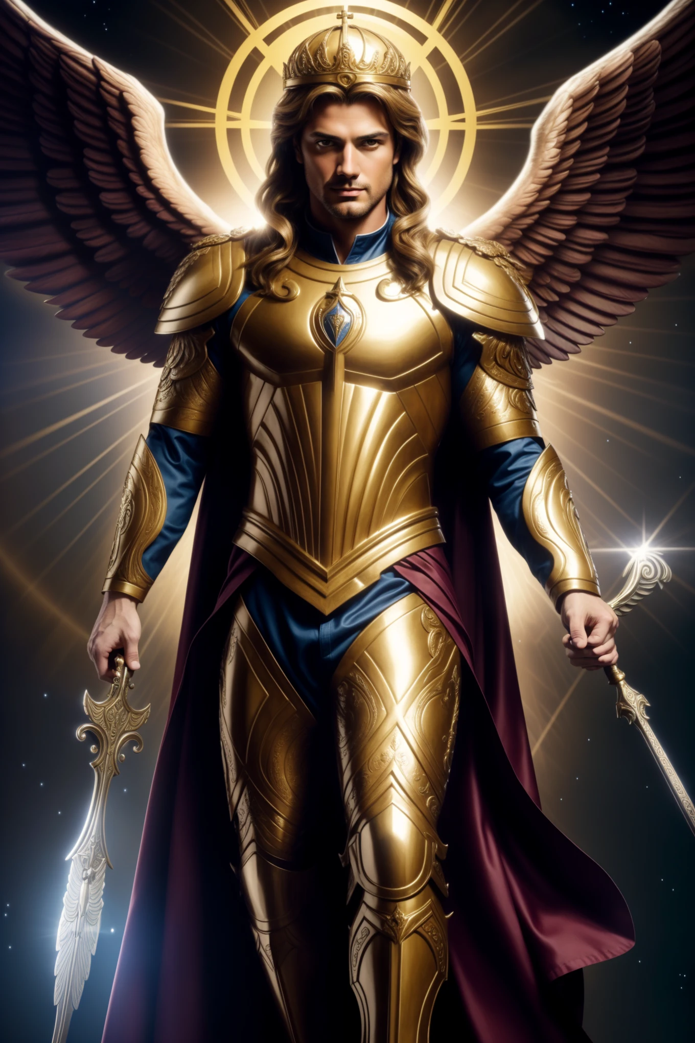 A celestial portrait of the handsome middle-aged male character, Archangel Michael, showcases intricate and realistic details. The artist painstakingly captures the archangel's angelic armor, enlarged rose-feathered wings, and chiseled features. With a radiant illumination gracing both Michael and the background, the overall image is reminiscent of Catholic illustrative depictions of the Bible.
The full body of the archangel is depicted, with maximum detail given to both the wings and Michael's perfect, realistic skin. The high-quality image showcases a strong and vibrant color palette, with the archangel standing out prominently. Michael carries a spe