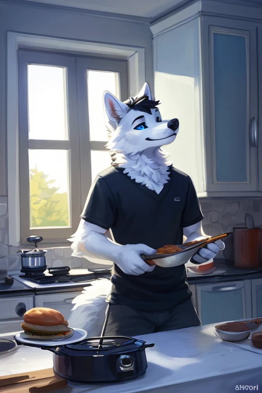 (((Atlas a white Wolf with blue eyes and nose and black hair indoors, inside a kitchen cooking food on the stove and you can see him cooking in the kitchen ))) , big chest wearing clothing , day, , sensual, detailed, uploaded to e621, beautiful and detailed portrait of an anthropomorphic , (((male))) uploaded to e621, zaush, foxovh, movie lighting, thicc, alone, movie cover, detailed, 8k res, hires, detailed eyes, good anatomy, good perspective, towards viewer, by bebebebebe, by sicklyhypnos, by gerkk, by orf, nice hands, perfect hands, happy, romantic, ray tracing lighting, rtx on